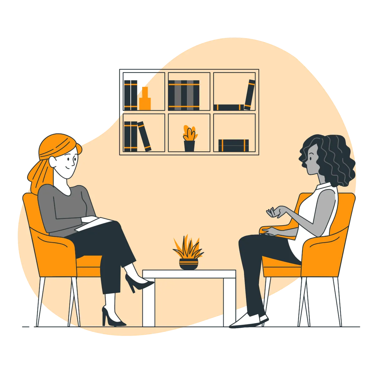Graphic of two people sitting in armchairs chatting