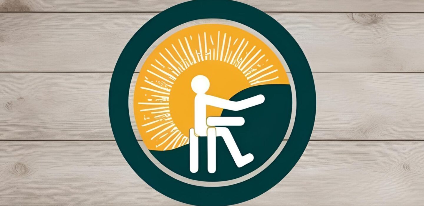A graphic with stick man in a circle with sunrise in background